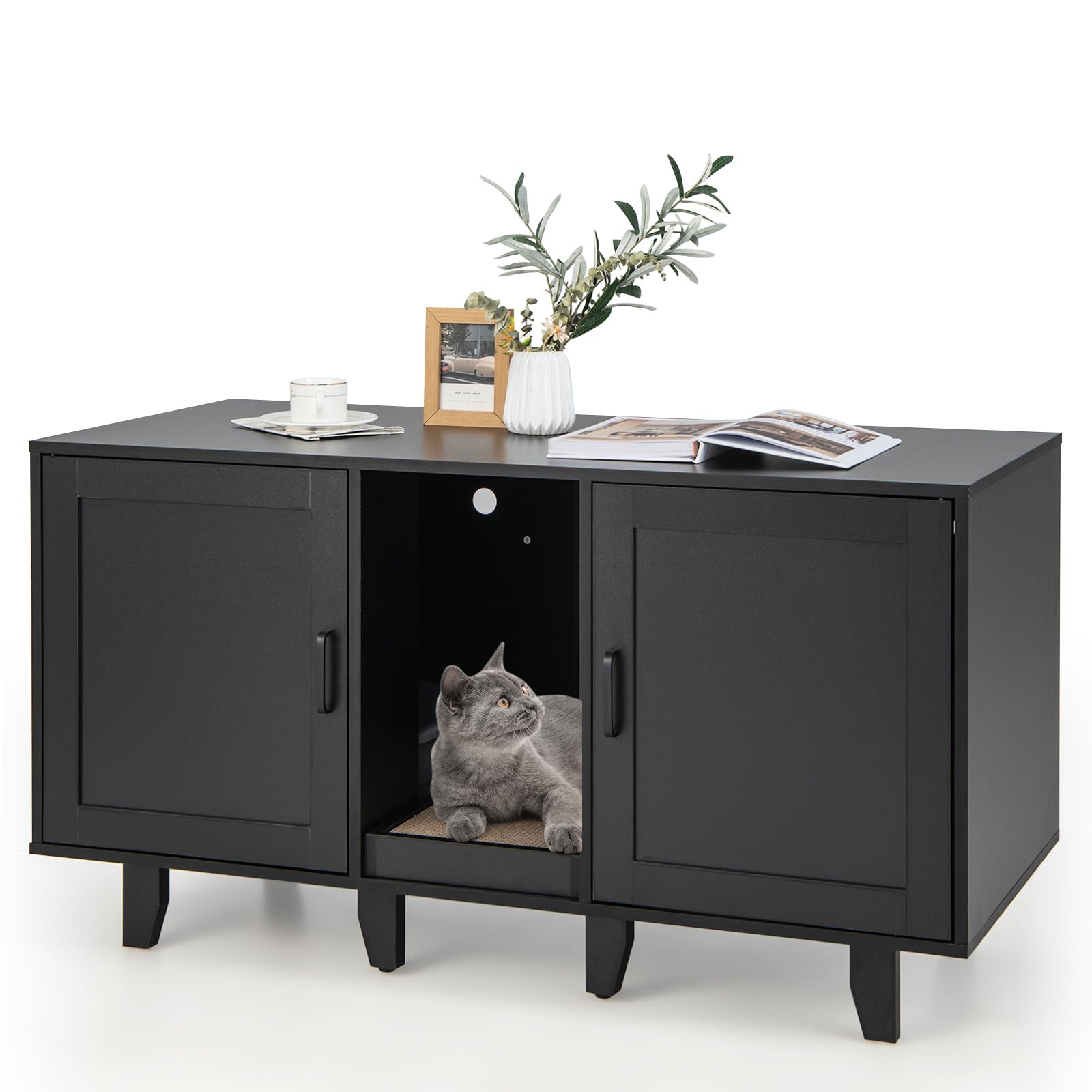 Petsite Litter Box Enclosure For 2 Litter Boxes, Hidden Cat Washroom Tv Stand End Table With 2 Cabinet, Scratching Board, Indoor