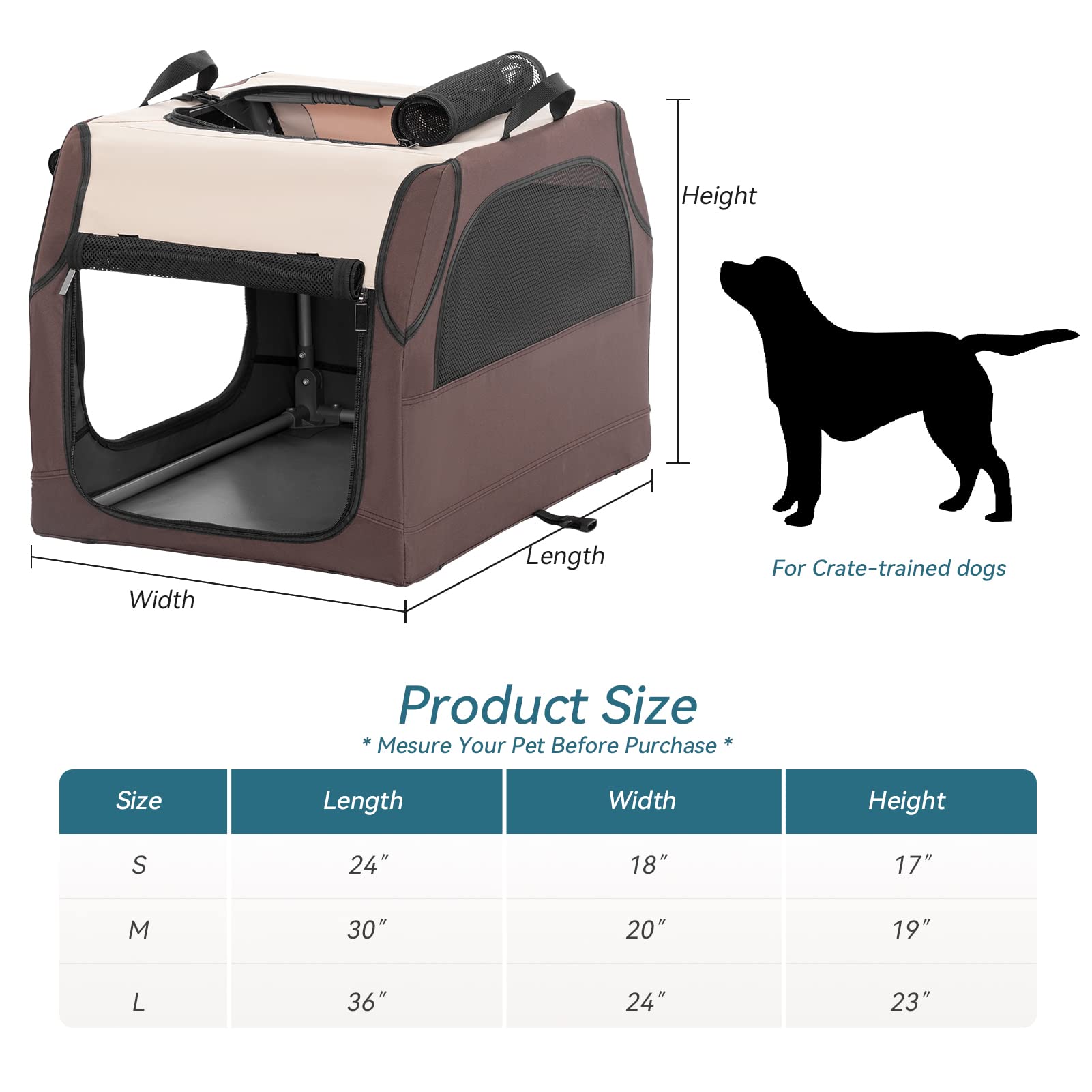 Petsfit Soft Dog Crate With Tilt Angle 30 Inch, Fit For Car Seats And Trunks, Multiple Carrying Options, Chew Proof Ideal For Dog Travel