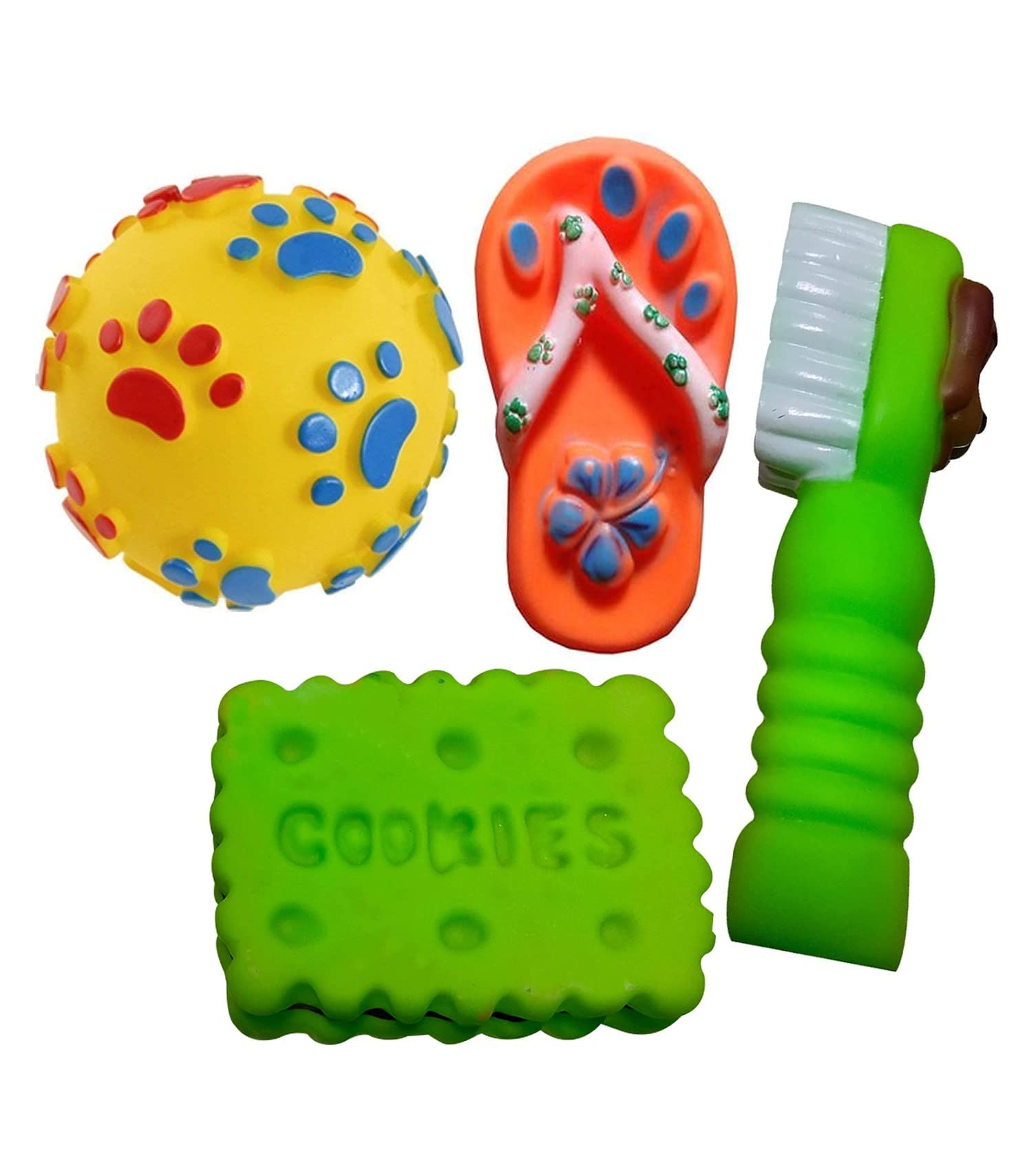 W9 Pet Products Combo Of 4 Soft Latex Rubber Interactive Squeaky Toys For Small Puppy Ball, Slipper, Tooth Brush And Cookie..