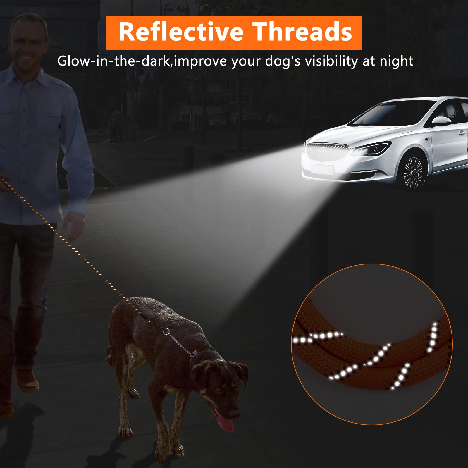 NTR Heavy Duty 30FT Reflective Dog Leash with Padded Handle, Orange, for Small to Large Dogs
