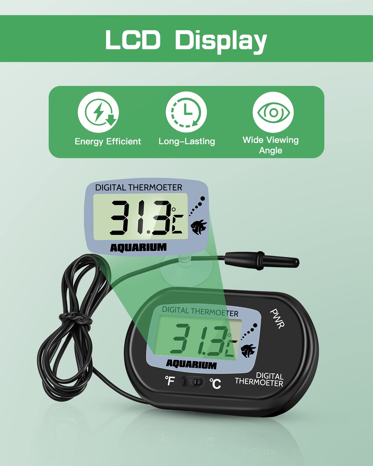Zacro 2 Pack Digital Aquarium Thermometer, Fish Tank Thermometer, Water Thermometer With Large Lcd Display,Reptile Thermometer F