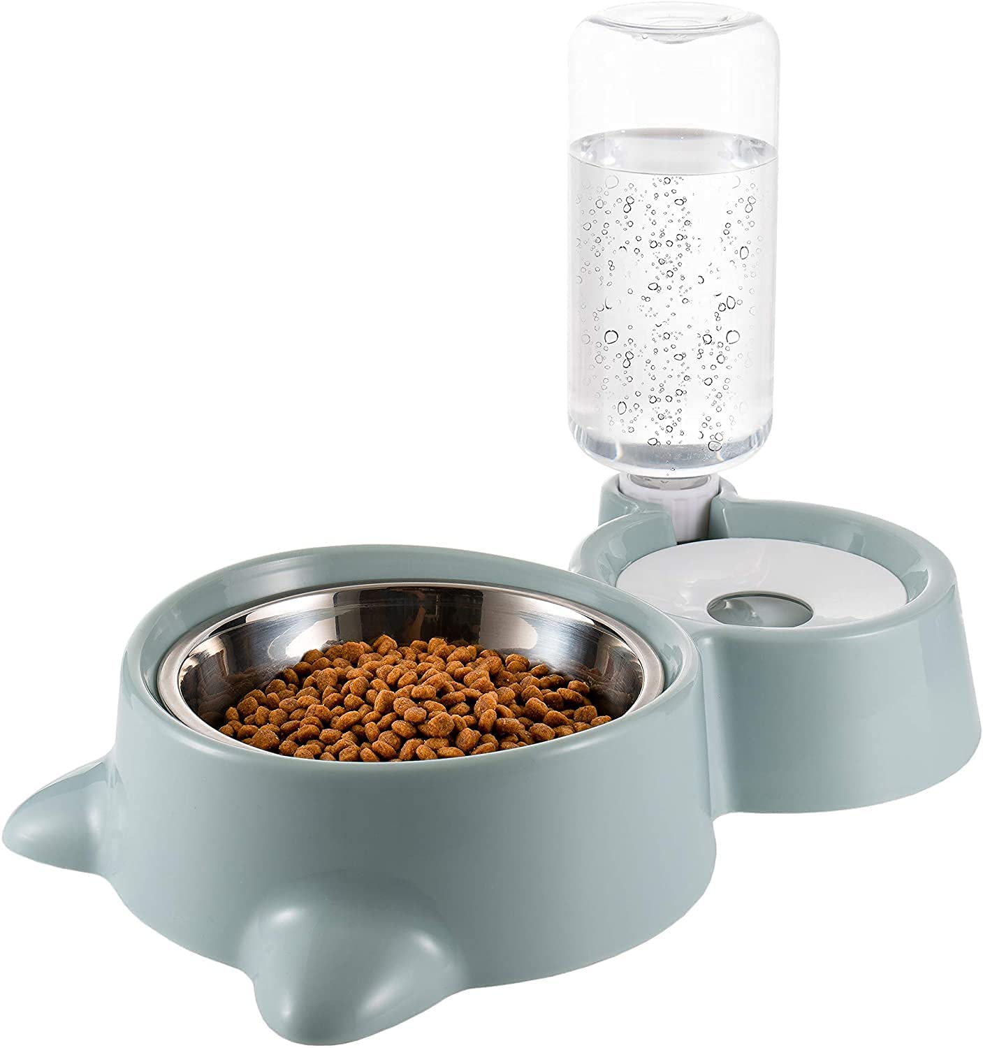 Credly Double Bowl Water And Food Cat Feeder Detachable Stainless Steel Bowl And Automatic Water Dispenser Bottle For Kitten, Pu
