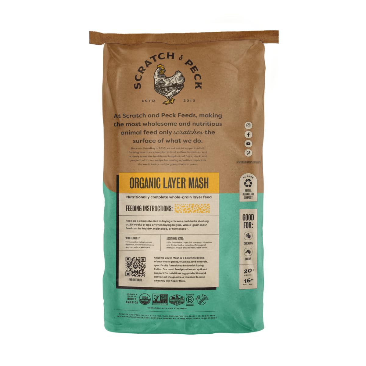 Scratch and Peck Feeds Whole Grain Layer Mash Chicken and Duck Feed - 25 lbs Bag - Corn-Free and Soy-Free - 16% Protein, Certifi