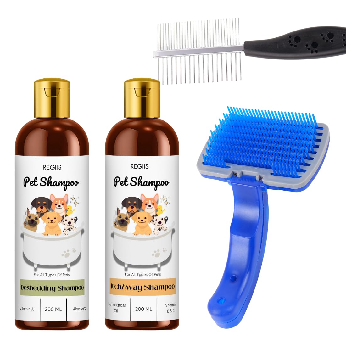 Pet Grooming Set With Deshedding And ItchAway Shampoo, 200Ml Each, Professional Metal Comb, SelfCleaning Brush For Dogs And Ca