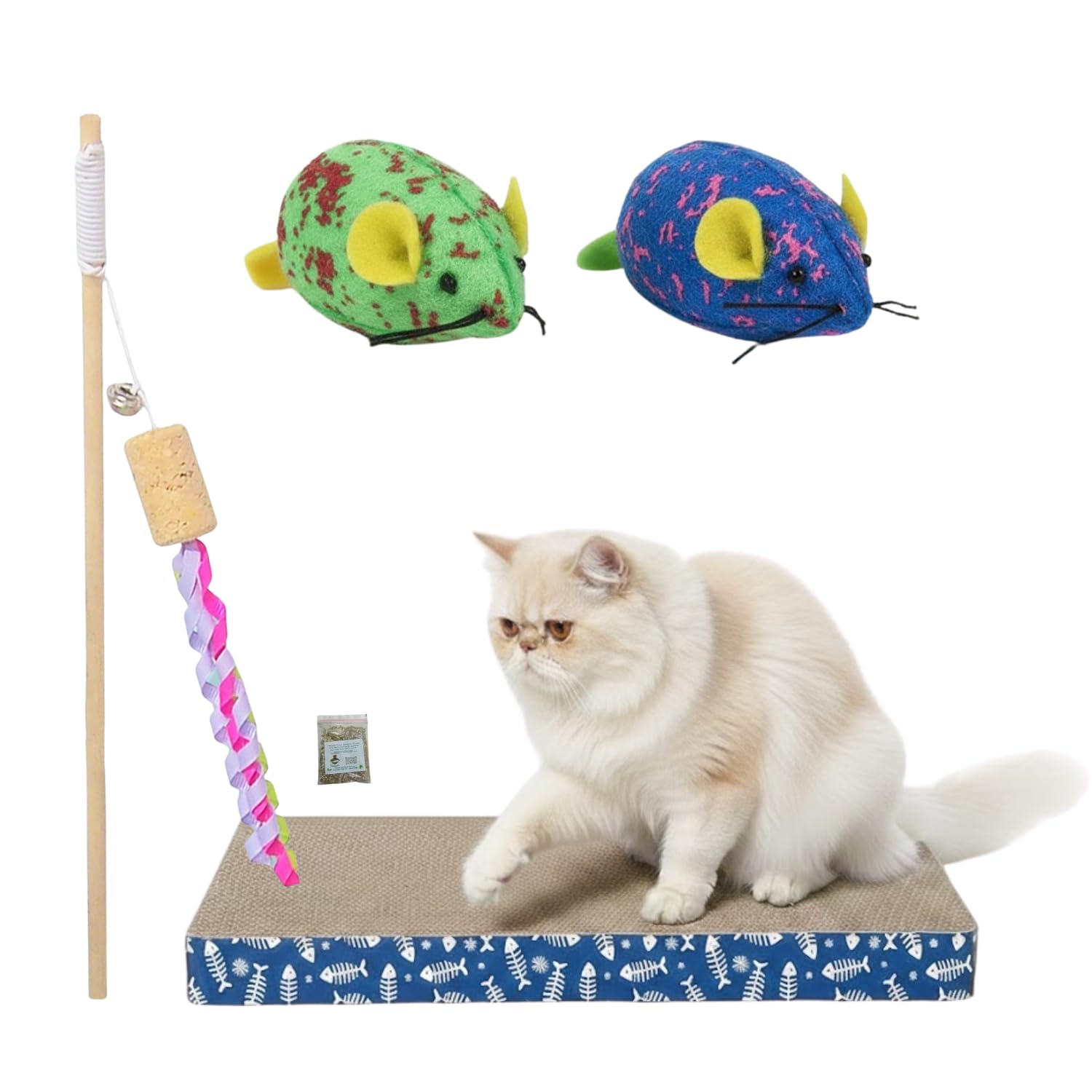 Emily Pets Cat Scratching Pad With Teaser Wand & Mouse Toys | Corrugated Cardboard Scratcher Board | Interactive Cat Toy Combo |
