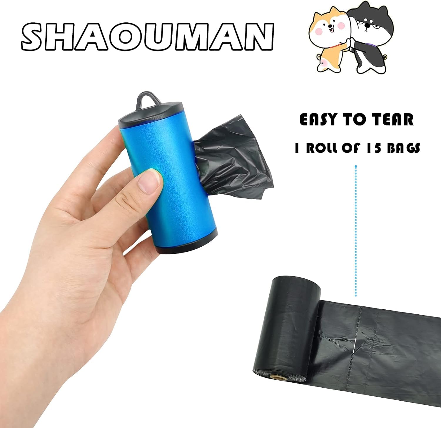 SHAOUMAN Dog Poop Bag Holder - Aluminum Dispenser with 15 Unscented Bags, 3 Leash Accessories, Blue, 1 Holder 15 Bags