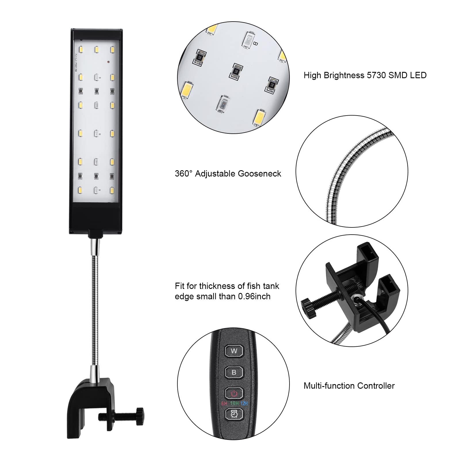 Aquarium Light For Fish Tank Clip On Led Fish Tank Light For 5 Gallon, Aquarium Light For Plants With Timer And Dimmer, White Blue Red Leds 7W