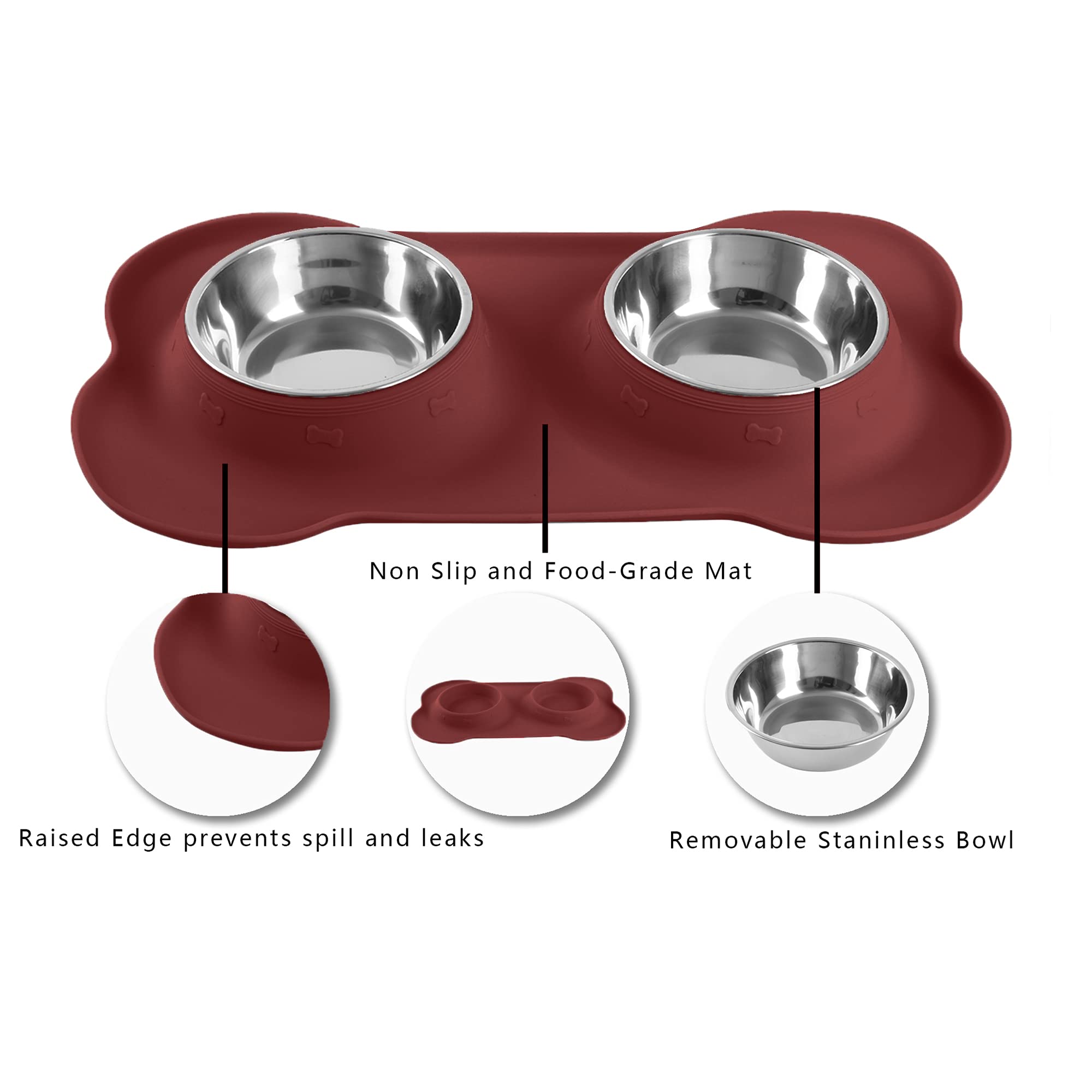 Hubulk Pet Dog Bowls - Stainless Steel with Non-Skid Silicone Mat, Small Size, Burgundy, Includes Food Scoop for Dogs and Cats