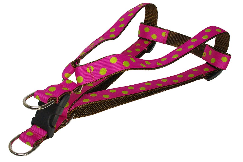 Medium Fuchsia/Lime Dot Dog Harness: 3/4 Wide, Adjusts 18-24 - Made in USA.