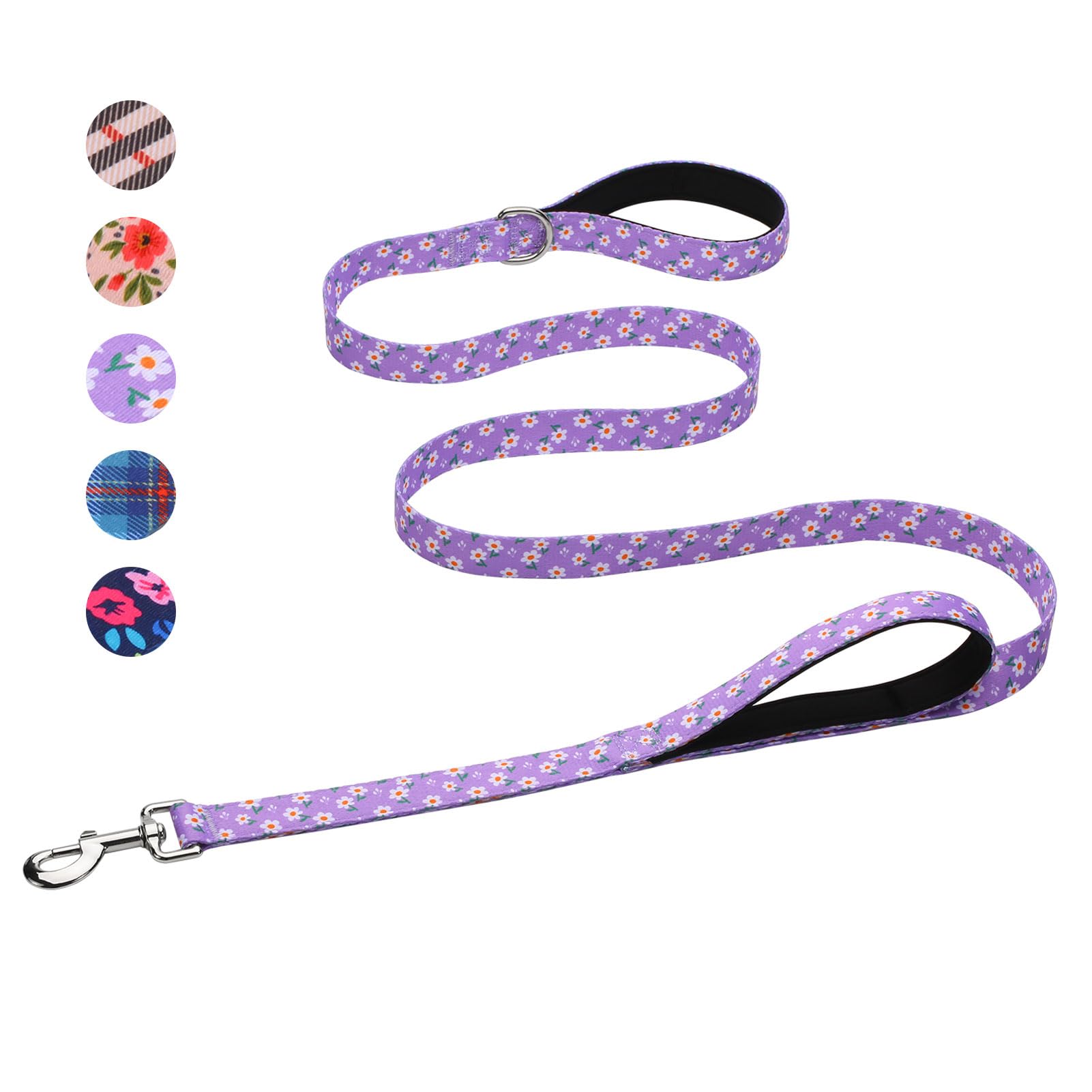 Hikiko Cute Girl Double Handle Dog Leash 5 Foot Padded Traffic Handles For Walking Training (Purple Floral, 5Ft)