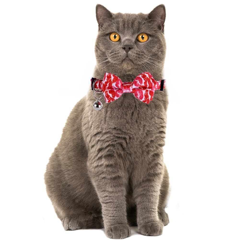 Valentine Cat Collar Breakaway With Bow Tie Bandana And Bell Holiday For Kitty Adjustable Safety Love Heart