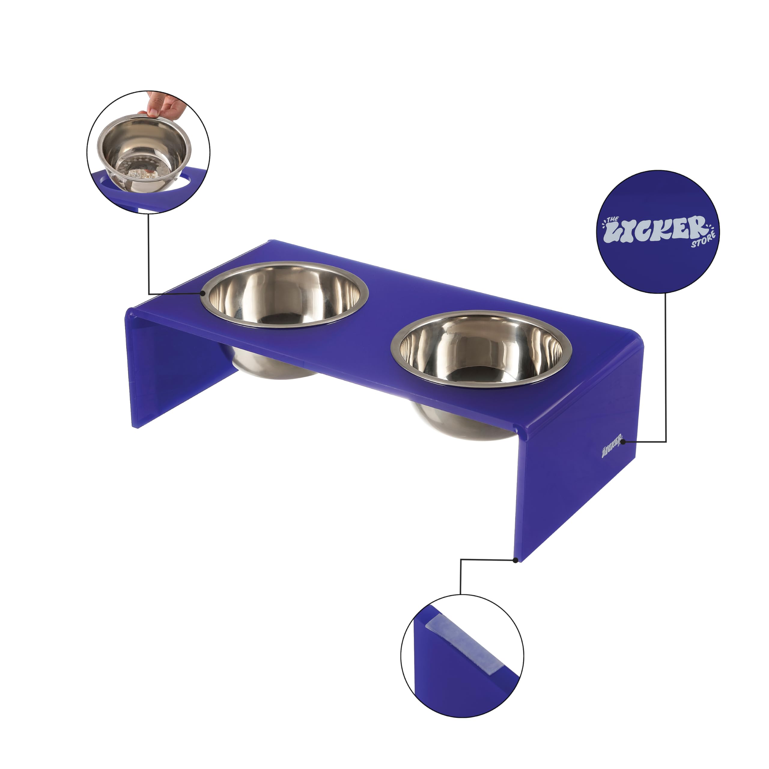 The LICKER Store DBL2000F Keaton 5 Small/Medium Modern Acrylic Rectangular Elevated Pet Feeder with 20oz 2-Stainless Steel Bowls