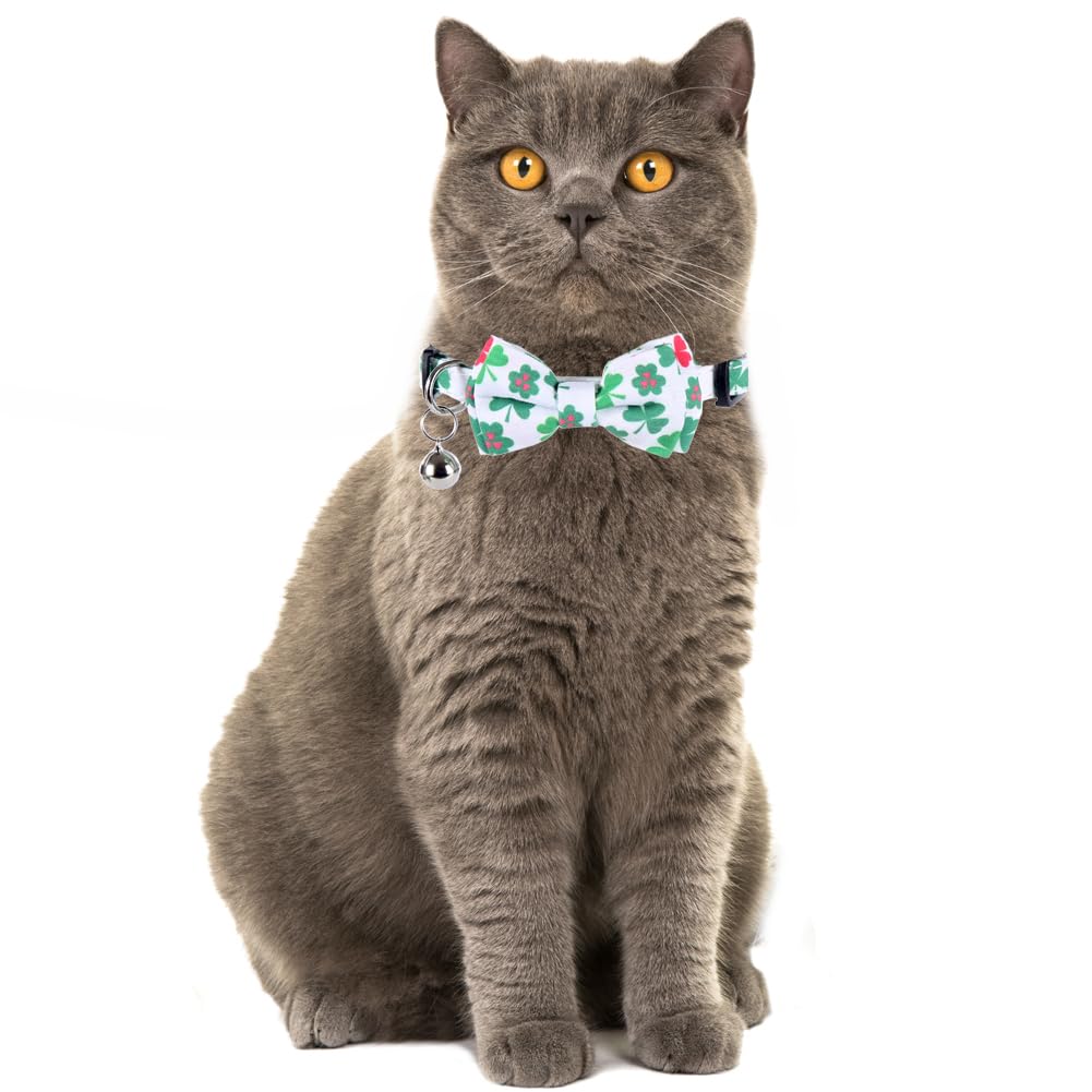 St.Patrick'S Day Cat Collar With Bow Tie And Bell Breakaway Adjustable Safety