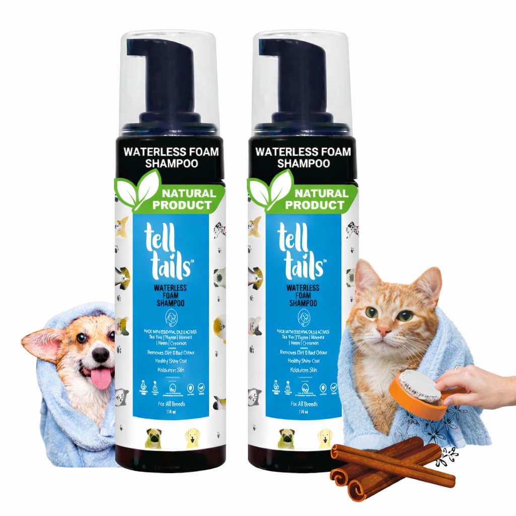 Telltails Waterless Dog & Cats Shampoo - 300Ml (150Ml X 2) | Odor, Dirt & Tick Removal | Moisturizes & Adds Shine | Neem,Tea Tre