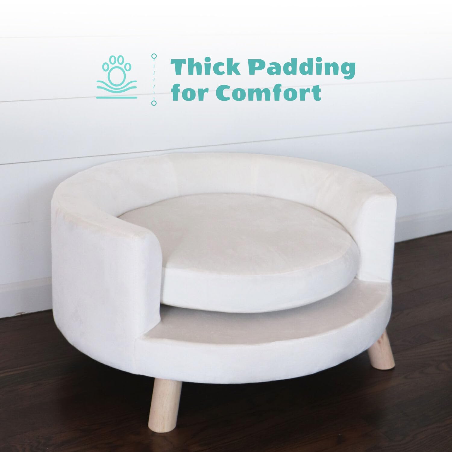 Critter Sitters 28-In. Elegant Circular Dog & Cat Sofa, Modern Elevated Pet Bed in Faux-Velvet White, Comfortable for Small to M
