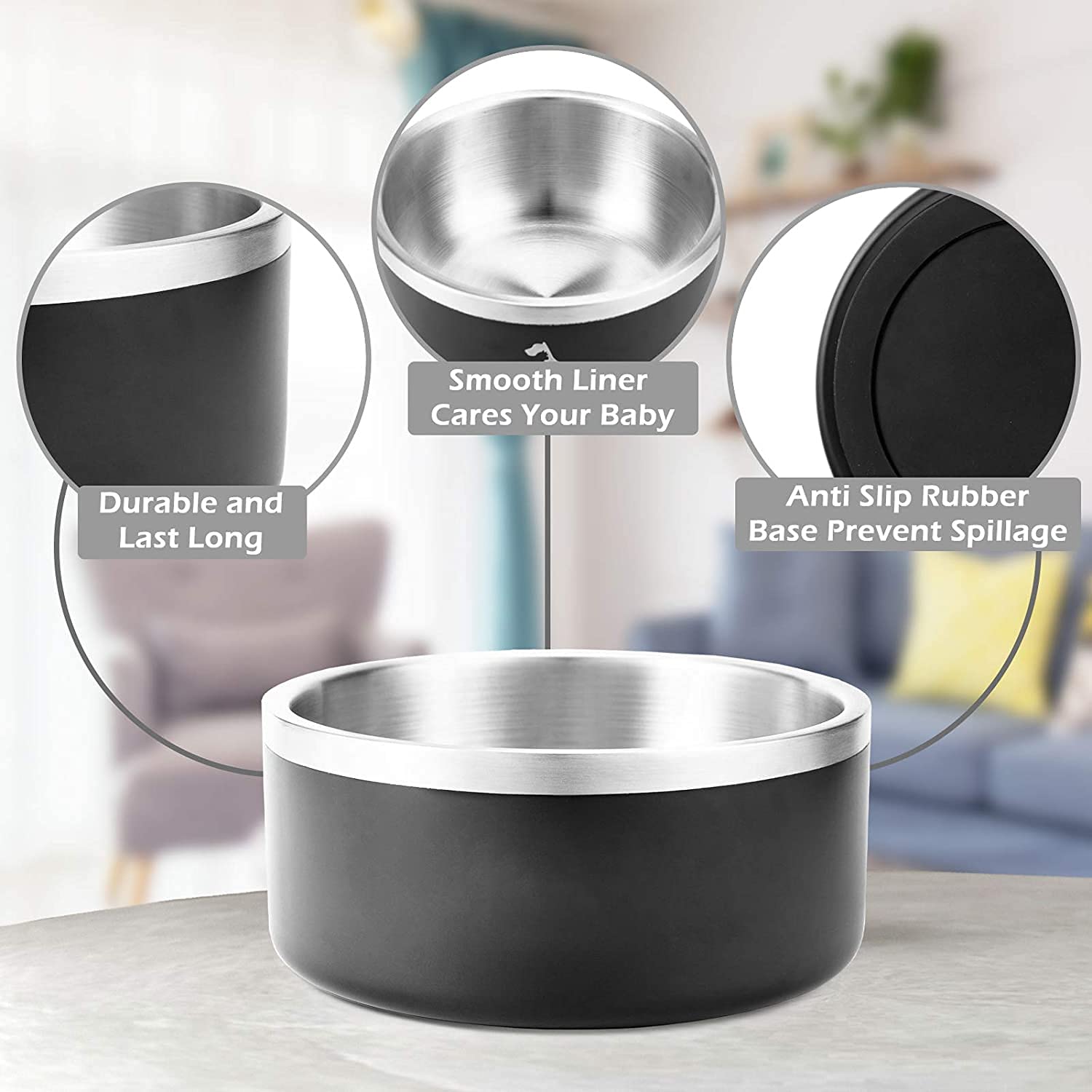 Gteller 32oz 64oz Stainless Steel Double Wall Dog Bowls,BPA Free Non-Slip Pet Dishes,Cat Food&Water Bowl with Rubber Base(64oz,