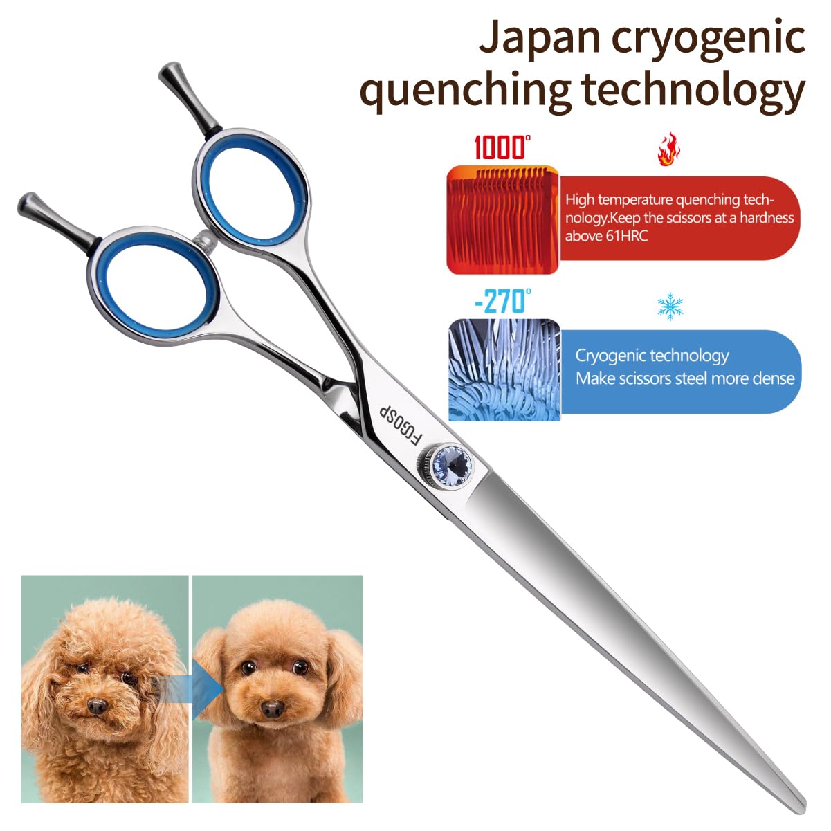 Japanese 440C Stainless Steel Dog Scissors - Super Sharp 8.0'' Straight Left Handed Large Dog Shears For Grooming Poodle