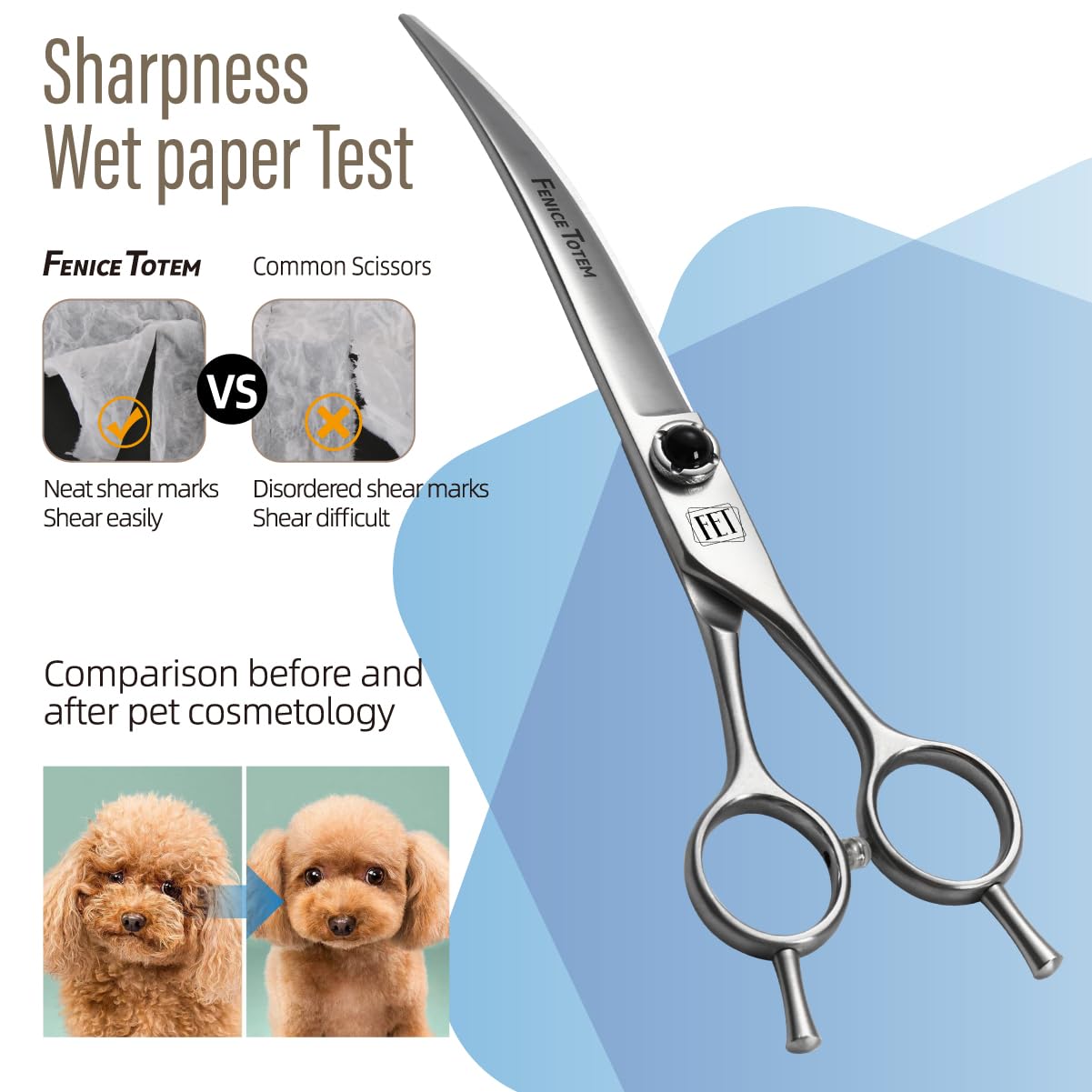 Fenice Totem Dog Grooming Scissors: 7.5 inch Pet Curved Shears Made Of Japanese 9CR Advanced Stainless Steel Professional Groomi