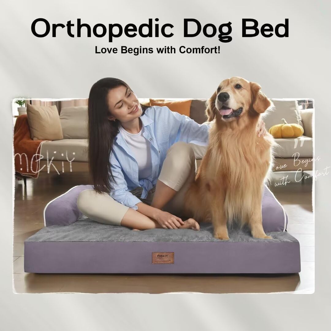 Large Dog Bed Orthopedic Washable, Orthopedic Dog Beds For Large Dogs With Washable Cover, Removable Bolster And Non-Slip Bottom Purple Large Dog Beds For Xxxlarge Extra Large Dogs
