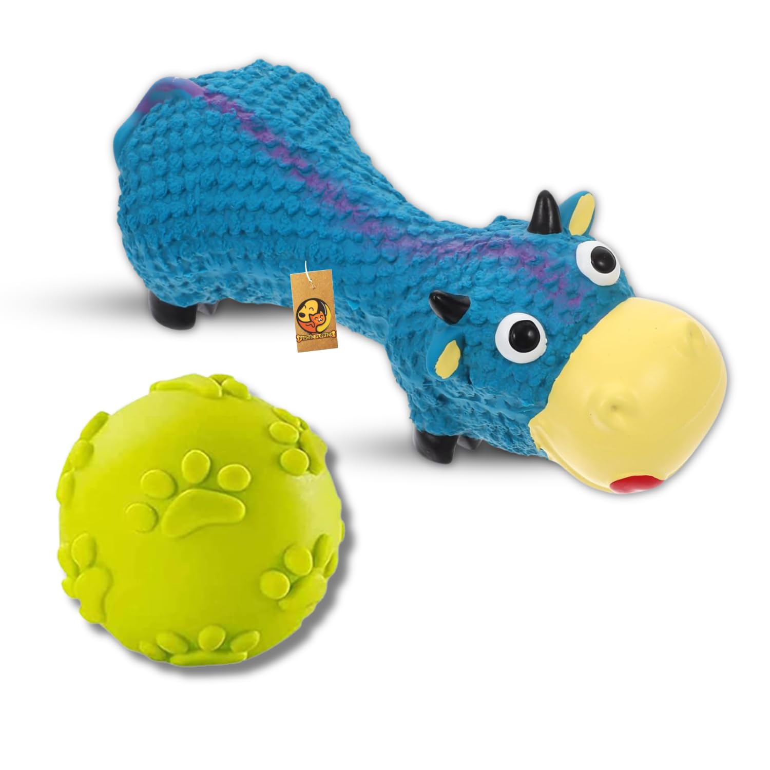 Foodie Puppies Latex Squeaky Chew Dog Toy Combo (Claw Ball + Blue Cow) | Interactive Durable Fetch Soft & Safe Play Toy | NonTo