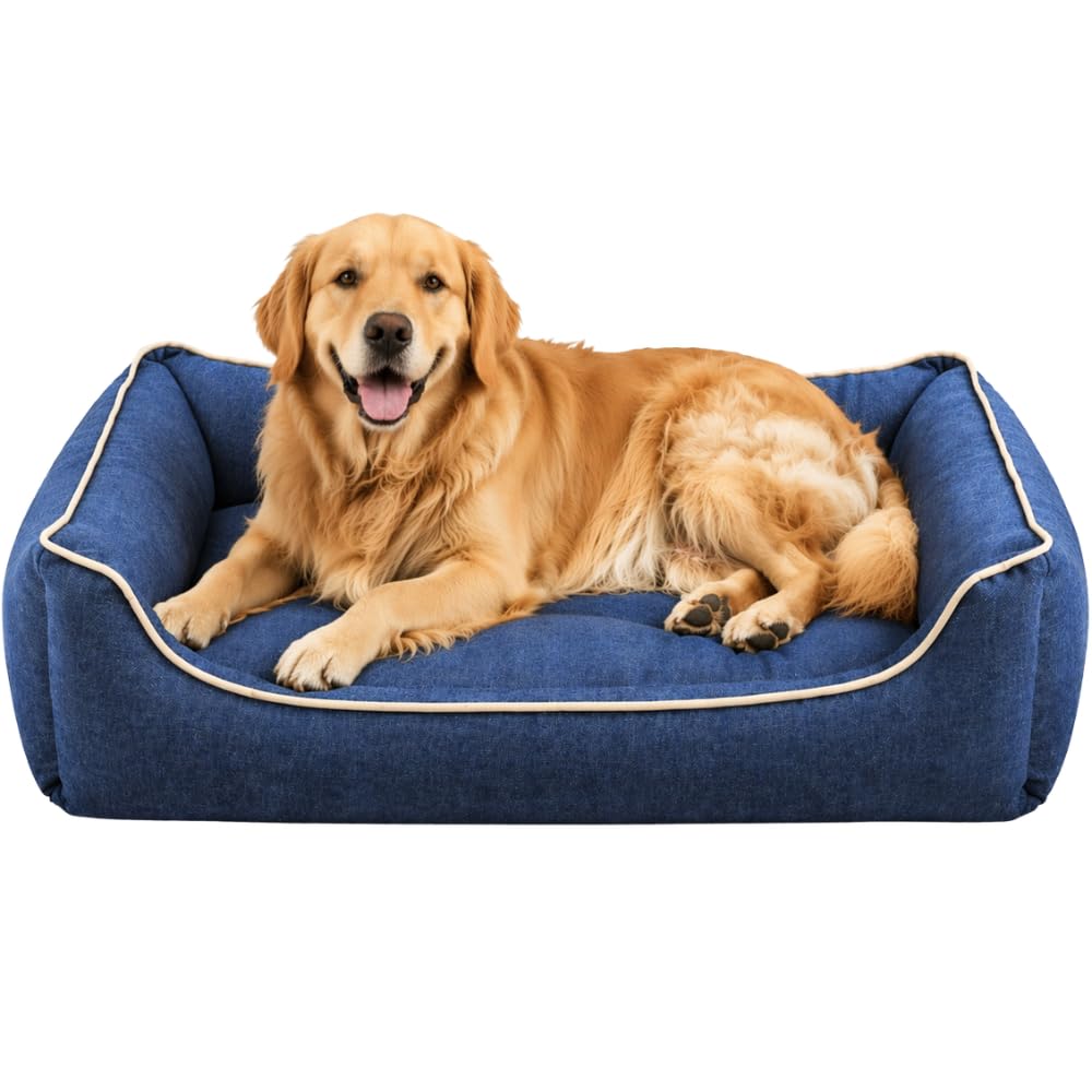 Pawpourri Medium/Large Bolster Dog Bed, Denim Blue, UltraSoft & Cozy Cuddler Polyfibre Filling,100% Cotton, Breathable & Durabl