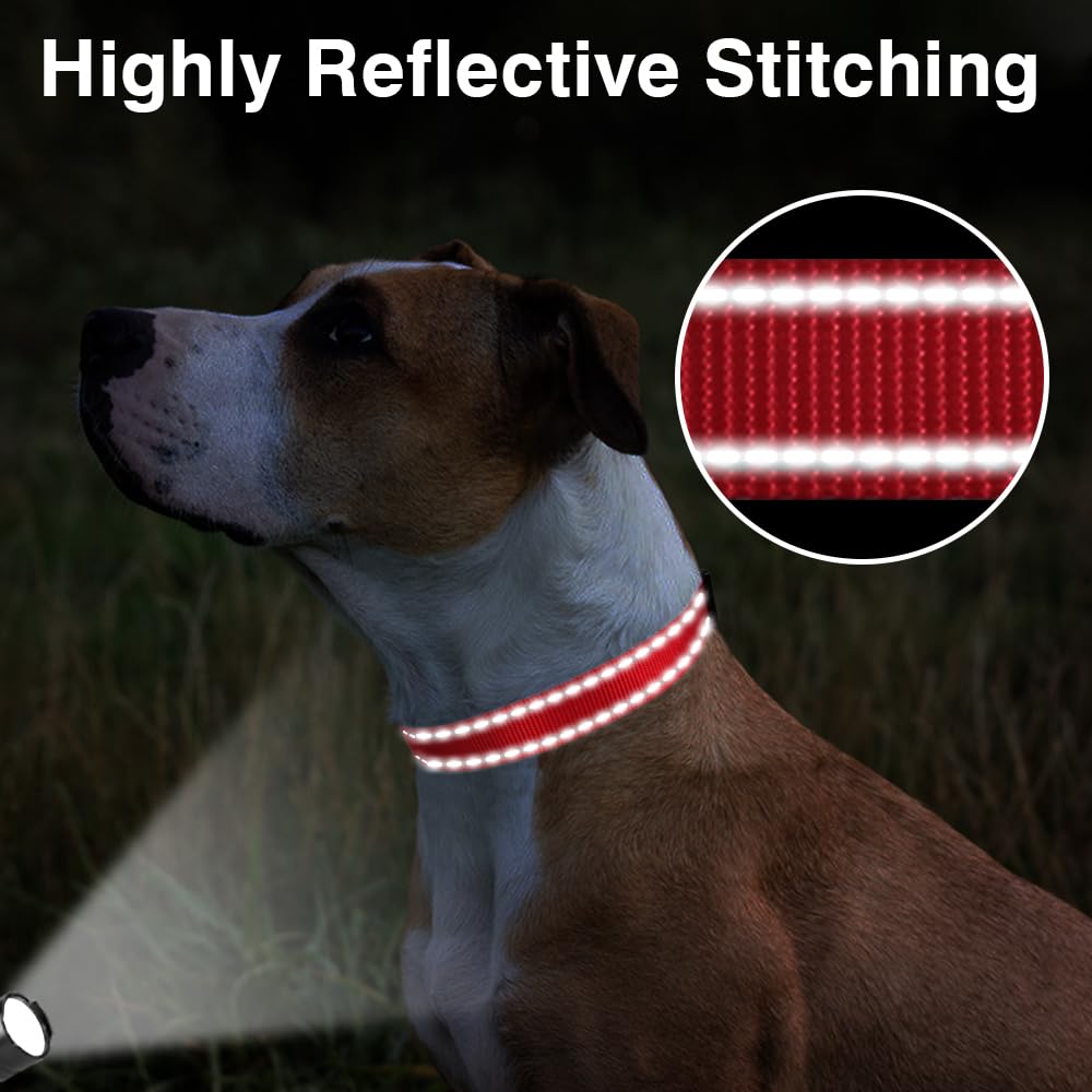 Taglory Reflective Adjustable Dog Collars For Puppy Small Medium Large Dogs, Thin Nylon Webbing And Quick Release Plastic Buckle(Red,Large)