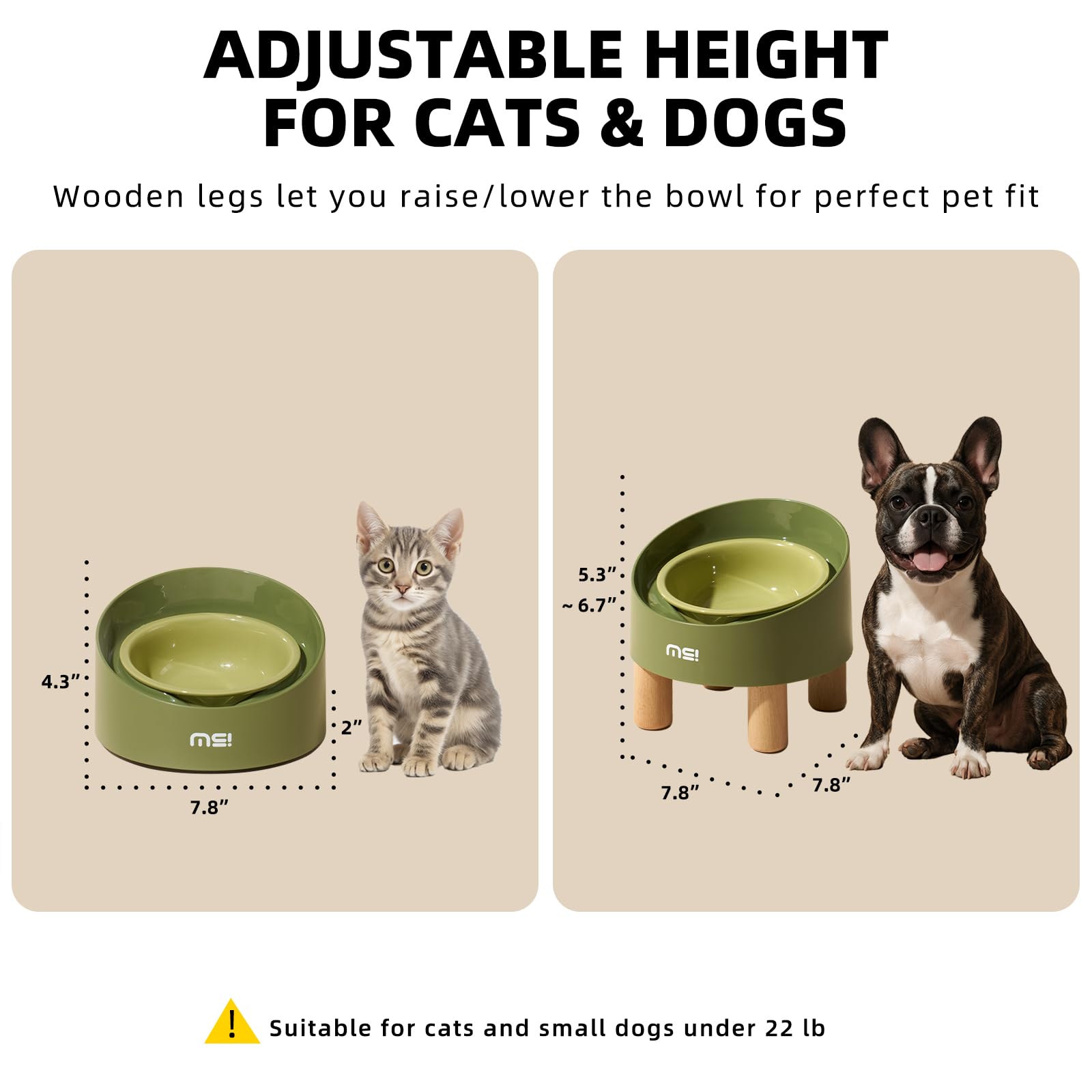 MS!MAKE SURE Ceramic Elevated Cat Bowls with Wooden Stand, Adjustable Raised Pet Bowls for Small Dogs & Cats, Anti - Slip Rubber