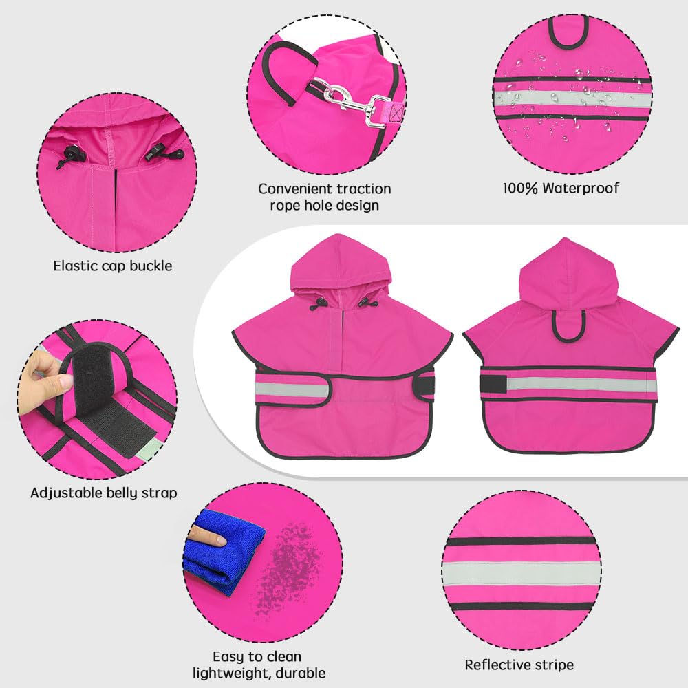 Candofly Reflective Dog Raincoat - Waterproof Dog Rain Jacket With Leash Hole, Hooded Dogs Ponch Slicker For Large Dogs (Pink, X