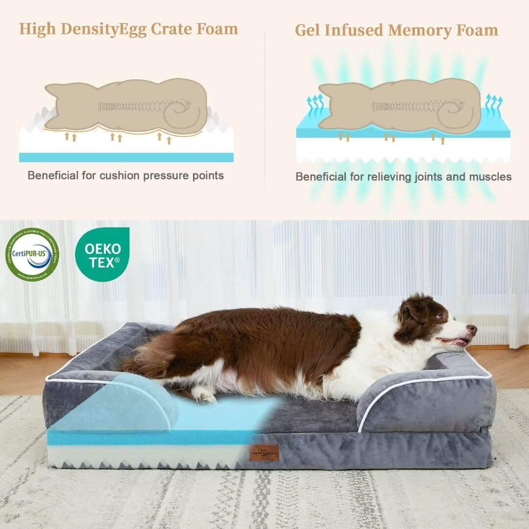 Comfort Expression Cooling Dog Bed For Large Dogs, Memory Foam Orthopedic Dog Bed, Waterproof Dog Beds, Washable Dog Bed With Removable Cover,Pet Bed Dog Sofa With Bolster(Large,Leaden Grey)