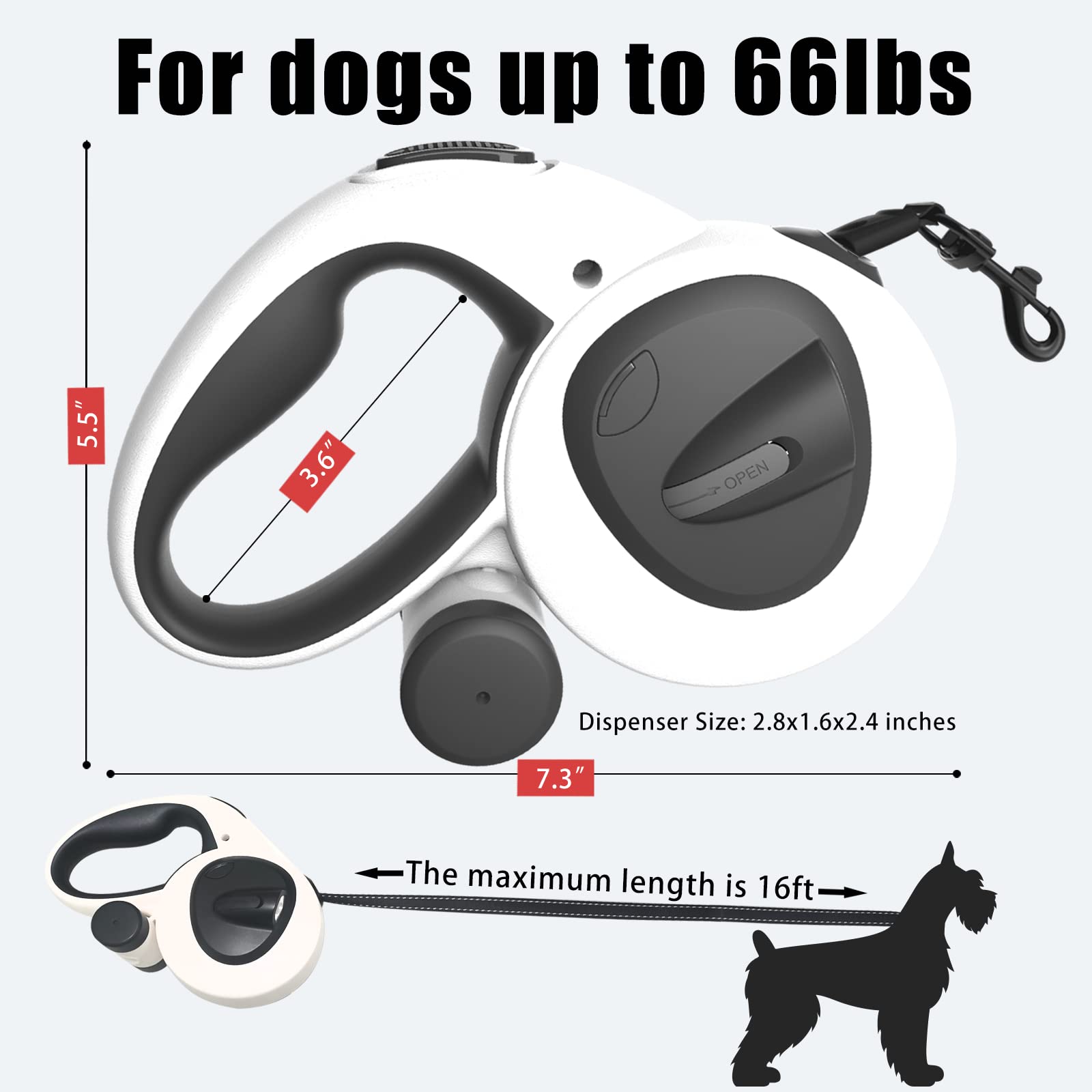 HCY&WLD 4-in-1 Retractable Dog Leash with LED Light, 16ft, Heavy Duty, Anti-Slip Handle, for Dogs up to 66lbs, Black&White