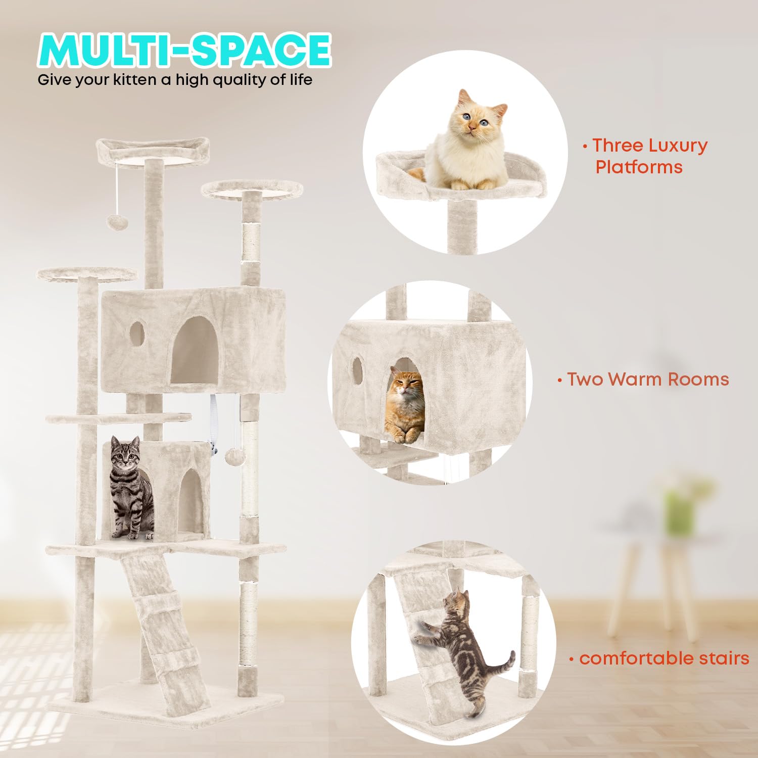 Fdw Cat Tree 70In Cat Tower Multi-Level Durable Cat Scratching Post & Cozy Fun Cat Jumping Platform Space Saving Cat Condo Pet Play House For Indoor Cats,Beige