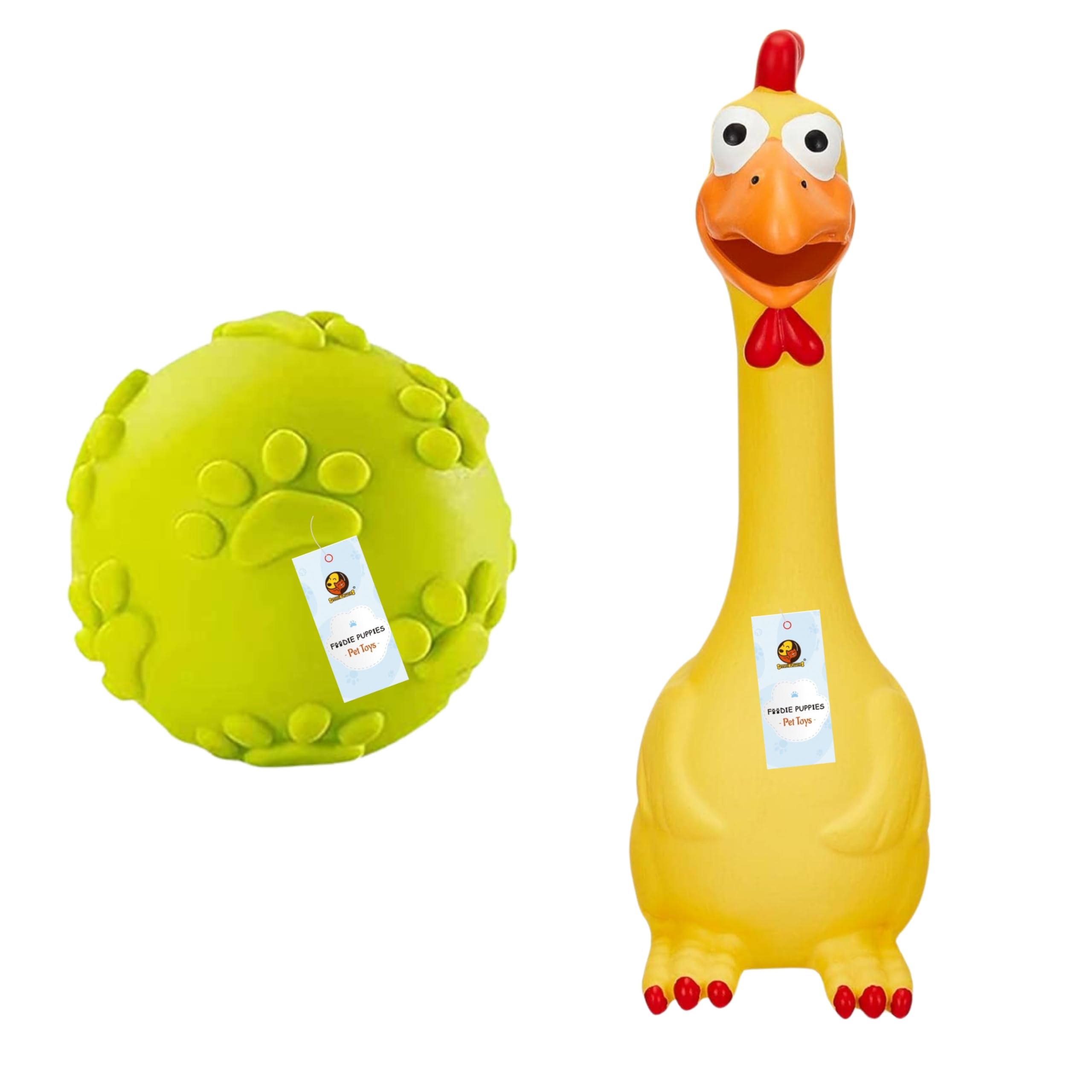 Foodie Puppies 2 In1 Latex Squeaky Chew Dog Toy Combo (Claw Ball + Amber Cockerel) | NonToxic Interactive Durable Fetch Soft & 