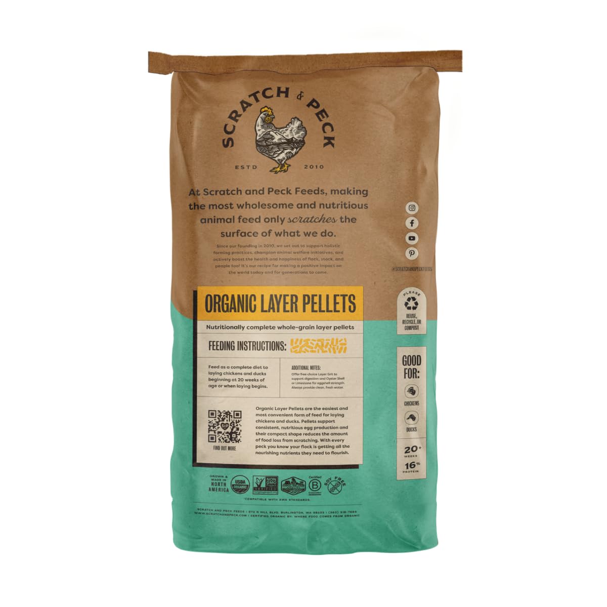 Scratch and Peck Whole Grain Layer Pellets Chicken and Duck Feed - 25 lbs Bag - Corn-Free and Soy-Free - 16% Protein, Certified