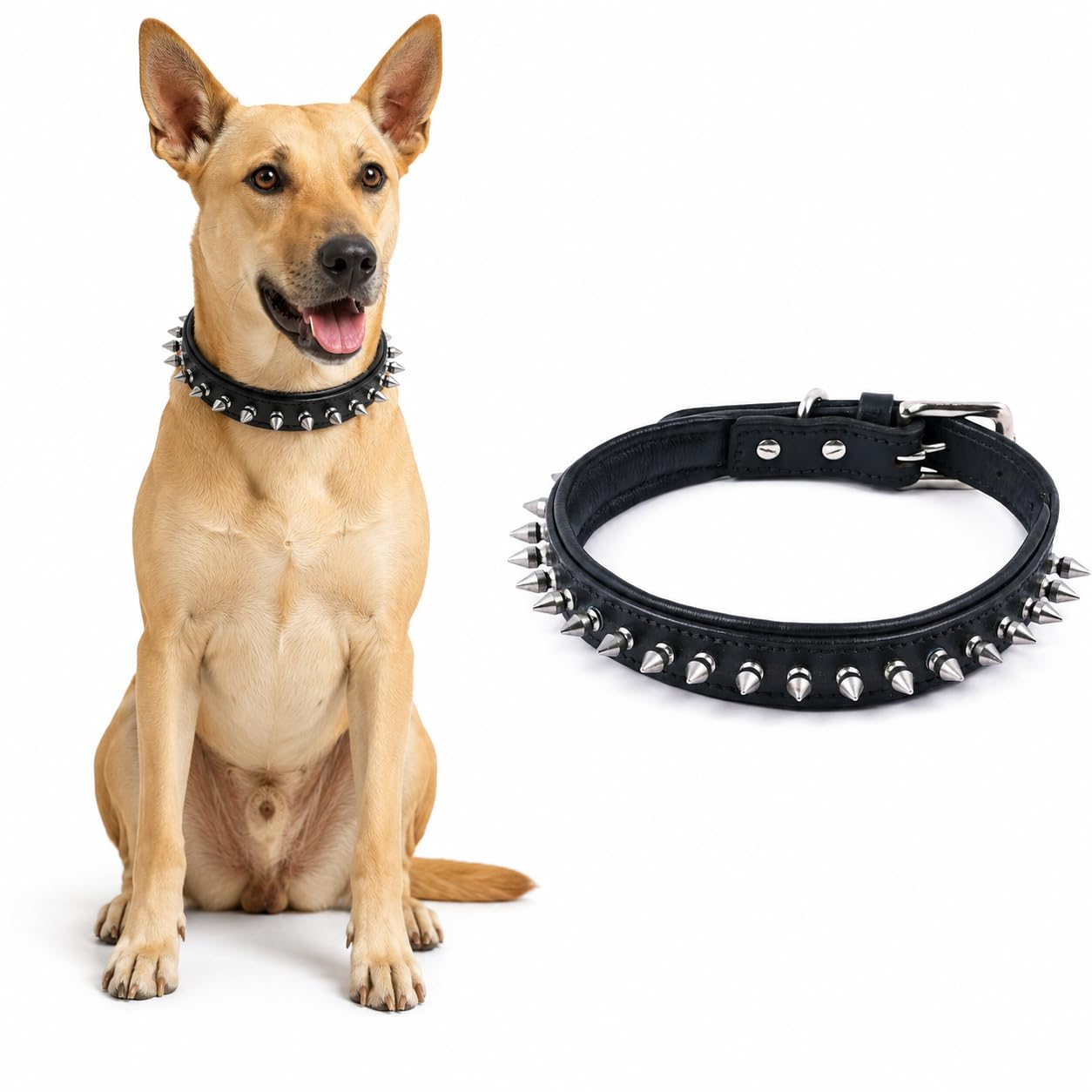 AdilS Leather Spike Dog Collar For Small, Medium & Large Dogs With Strong Metal DRing, Adjustable Collar Fits All Neck Size S(1