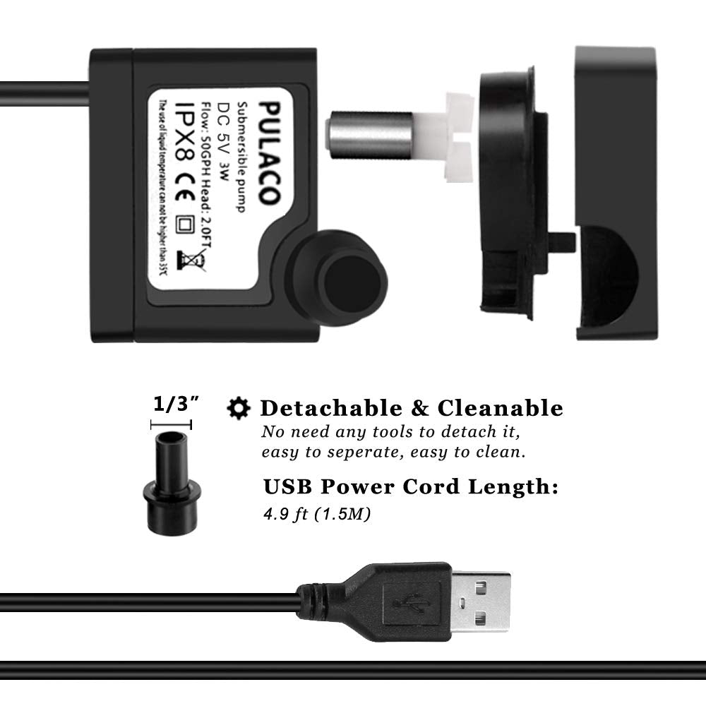PULACO Mini Submersible Water Pump 5V USB, 50GPH for Pet Fountain, Aquarium, Pond, Hydroponics - Black Tubing Included