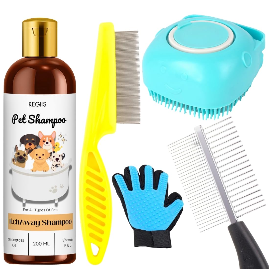 Regiis Pet Grooming Kit With AntiItch Shampoo, Metal Combs, Silicone Brush, Deshedding Glove, Blue Massage Tool For Dogs, 200Ml