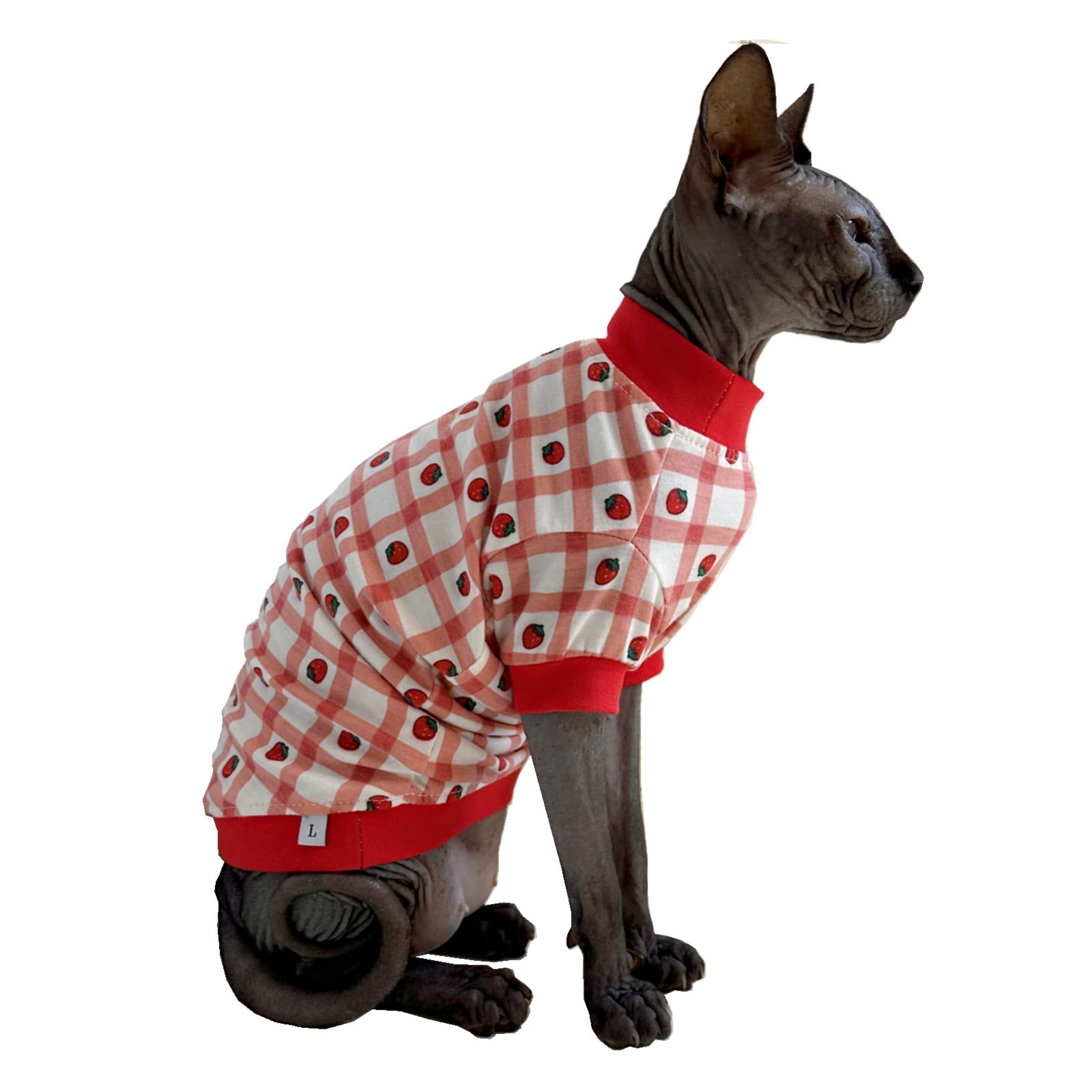Sphynx Hairless Cat Cute Summer Cotton T-Shirts Pet Clothes,Round Collar Kitten Shirts Cats Apparel (Checkered Strawberry, Small