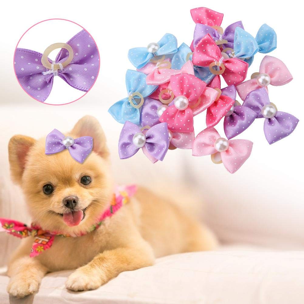 Heepdd 20Pcs Pet Grooming Bowsknots With Faux Pearls - Hair Bands For Cats, Dogs, Kittens, Puppies