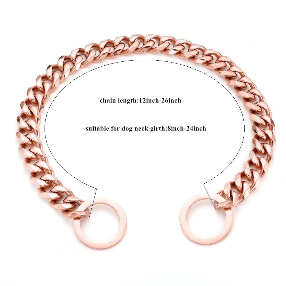Rumypet Rose Gold Dog Chain Collar 11Mm/15Mm/19Mm Stainless Steel Cuban Link Chain Collar For Small Medium Large Dogs(15Mm,12Inc