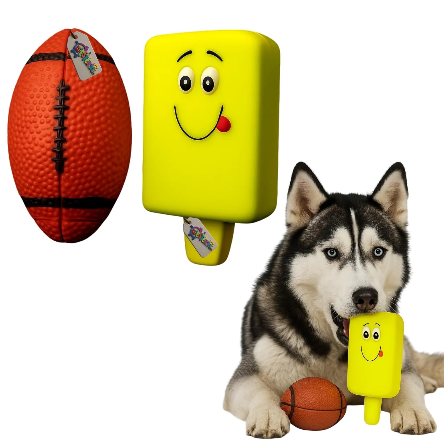 Western Era Dog Squeaky Toy Combo | Rugby Ball & Ice Cream Shape | Chew Toys For Dogs | Soft Rubber With BuiltIn Squeaker | Ind