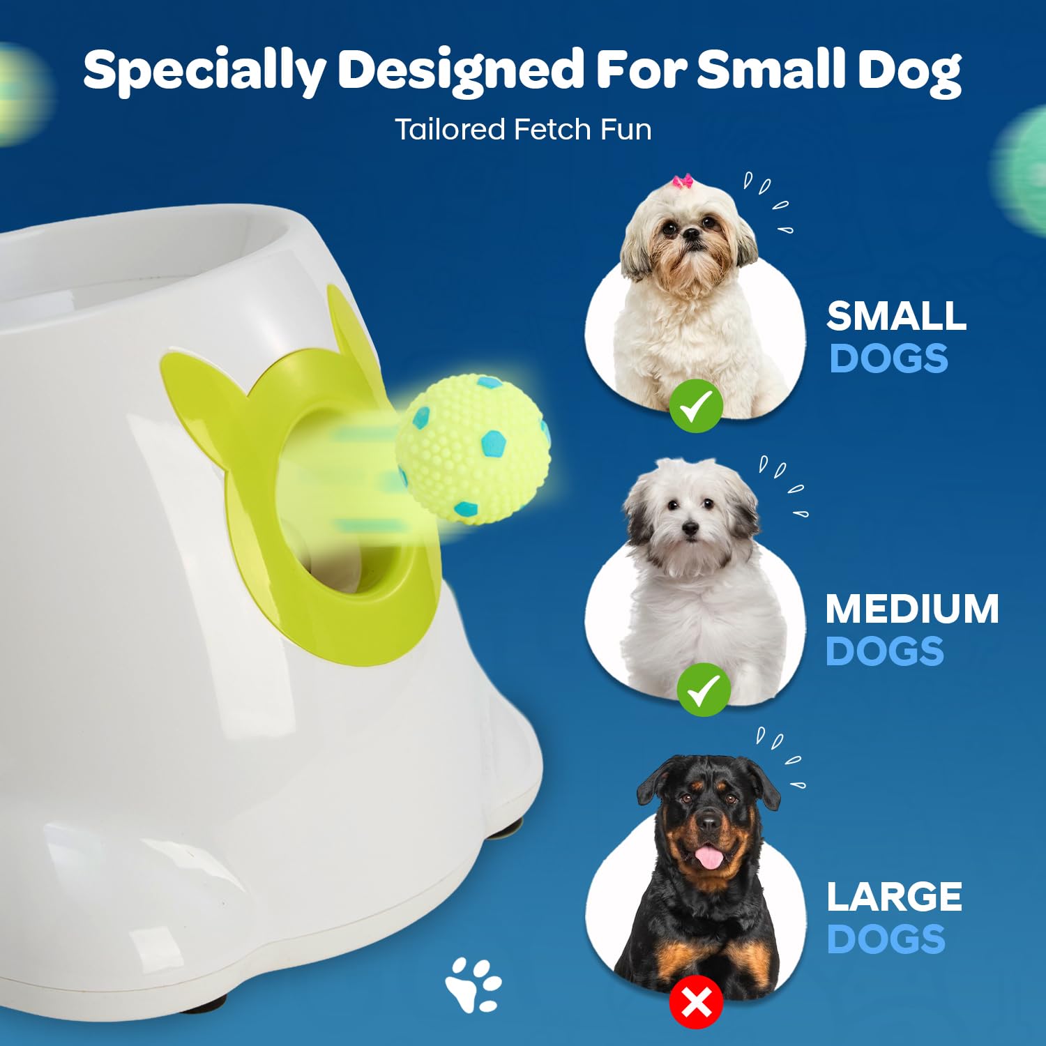 JolyBay Automatic Small Dog Ball Launcher - Remote Control Fetch Machine for Medium Dogs, White, Includes 6 Washable Balls, Training Clicker