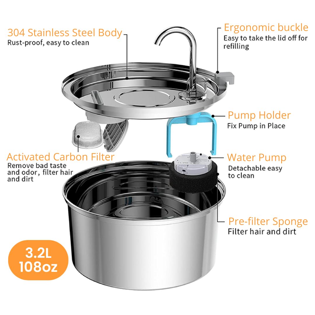 KittySpout Stainless Steel Cat Water Fountain Automatic Drinking Fountain, Quiet Circulating Water Bowl, Dishwasher Safe, Indoor