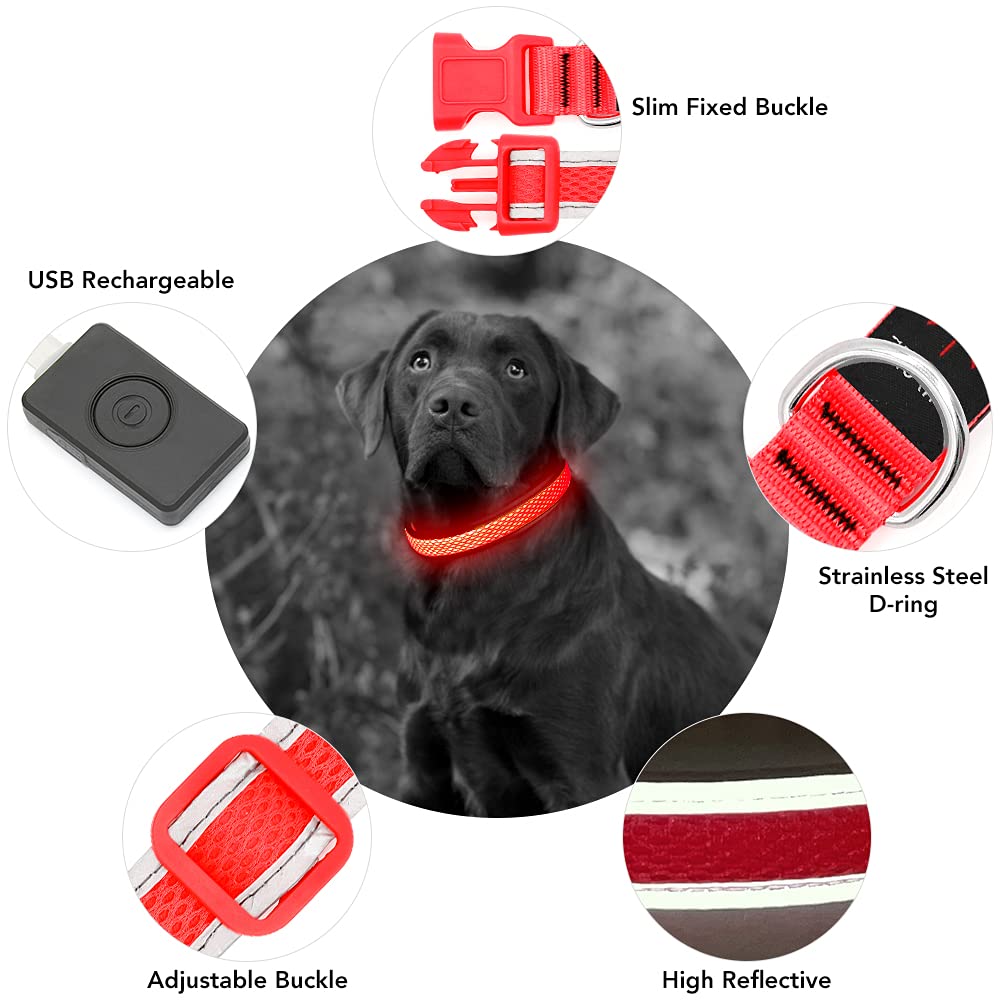 Yfbrite Light Up Dog Collar, Rechargeable Flashing Led Collar, Adjustable Reflective Safety Glowing At Night (Red, Large)