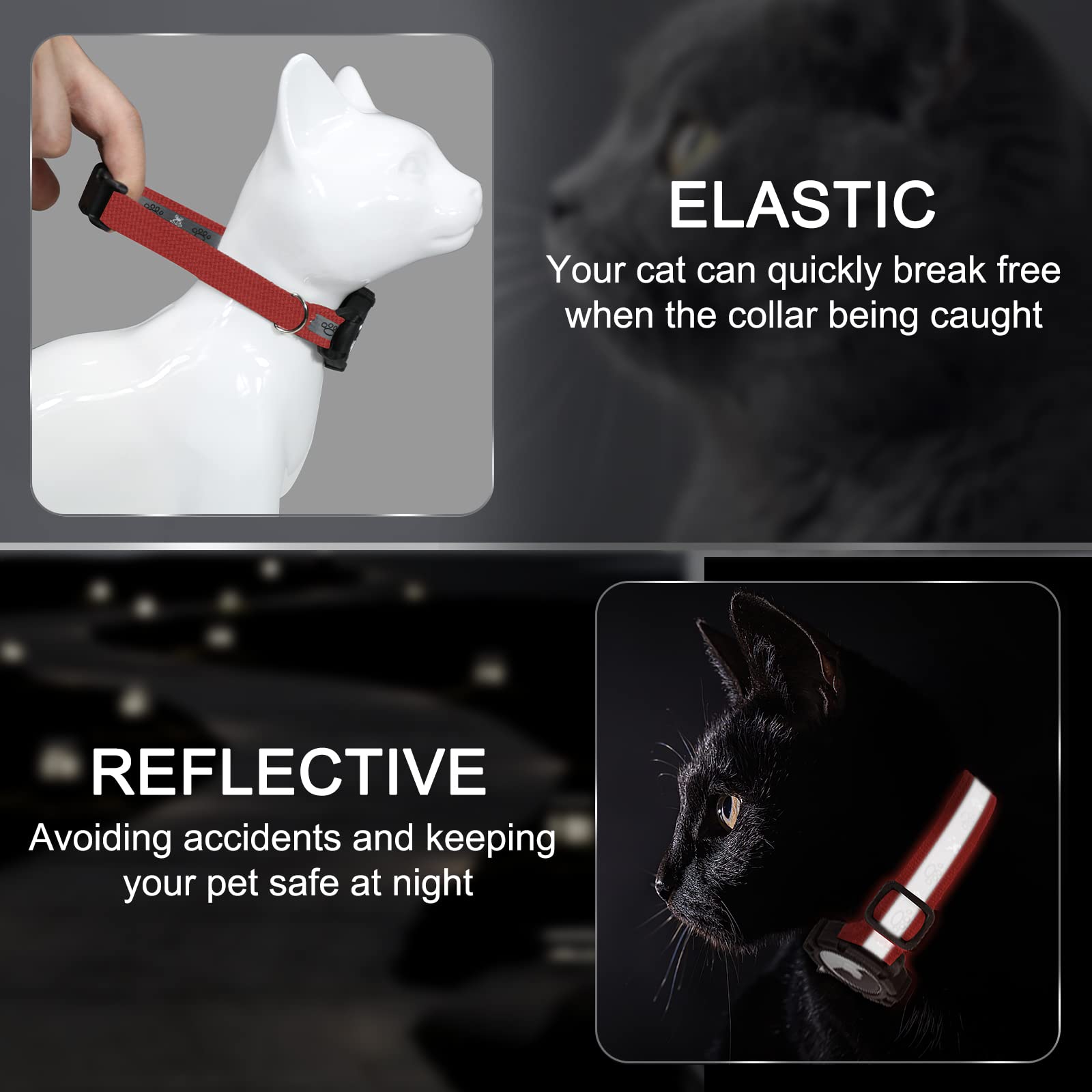 Odokele Reflective Cat Collar with AirTag Holder, Elastic Band, XS (7"-9"), Red, Nylon