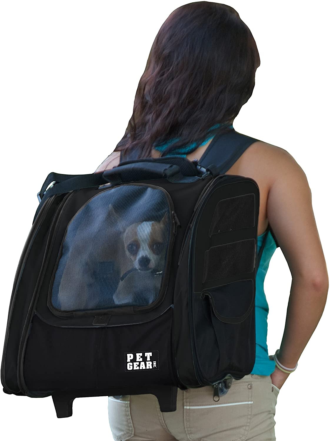 Pet Gear I-Go2 Roller Backpack, Travel Carrier, Car Seat For Cats/Dogs, Mesh Ventilation, Included Tether, Telescoping Handle, S
