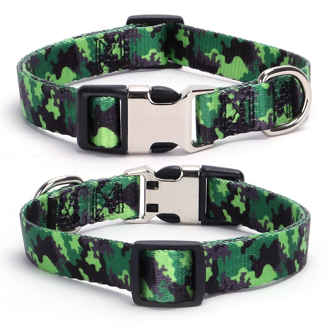 Green Camo Dog Collars For Large Dogs, Pretty Pattern Camouflage Dog Collar Metal Buckle Durable Soft Boy Puppy Collars For Xsma