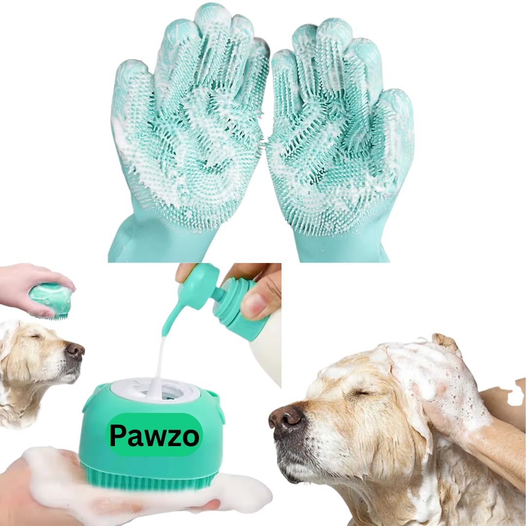 Vibe Hub Pack Of 2 Dog Bath Brush With 1 Pair Dog Bathing Gloves, Pet Grooming Silicone Shampoo Dispenser Brush & Soft Bristle S