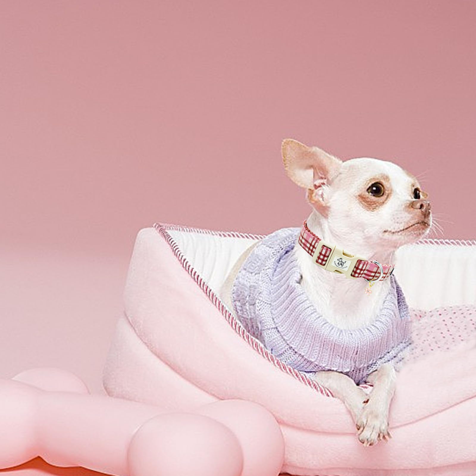 Elegant Little Tail Dog Collar-Cute Dog Pet Collars Pink Plaid Print Puppy Adjustable Soft Cotton Girl Boy Collars For Small Med