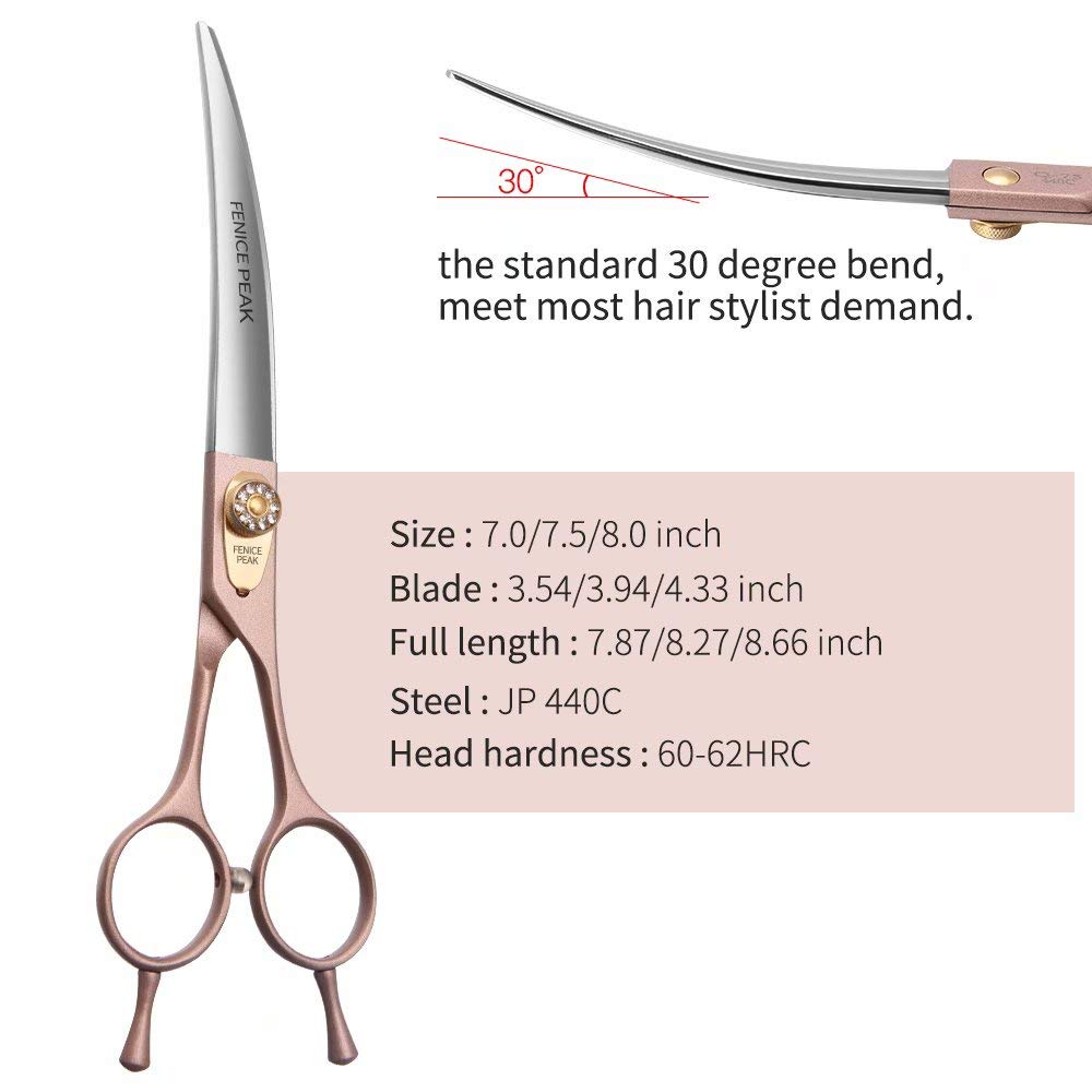 Fenice Peak Professional Curved Dog Grooming Scissors 7 Rose Gold 440C Stainless Steel Pet Cutting Shears Safety Trimming Shea