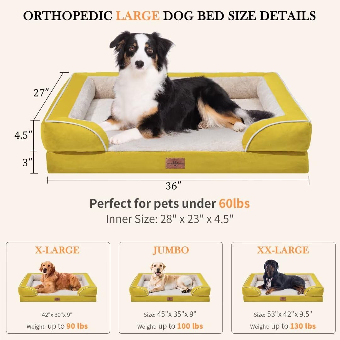 Comfort Expression Waterproof Dog Beds Large Sized Dogs, Large Dog Beds Orthopedic Foam, Comfy Pet Bed Sofa With Washable Removable Cover & Non-Slip Bottom(Large,Spicy Mustard)
